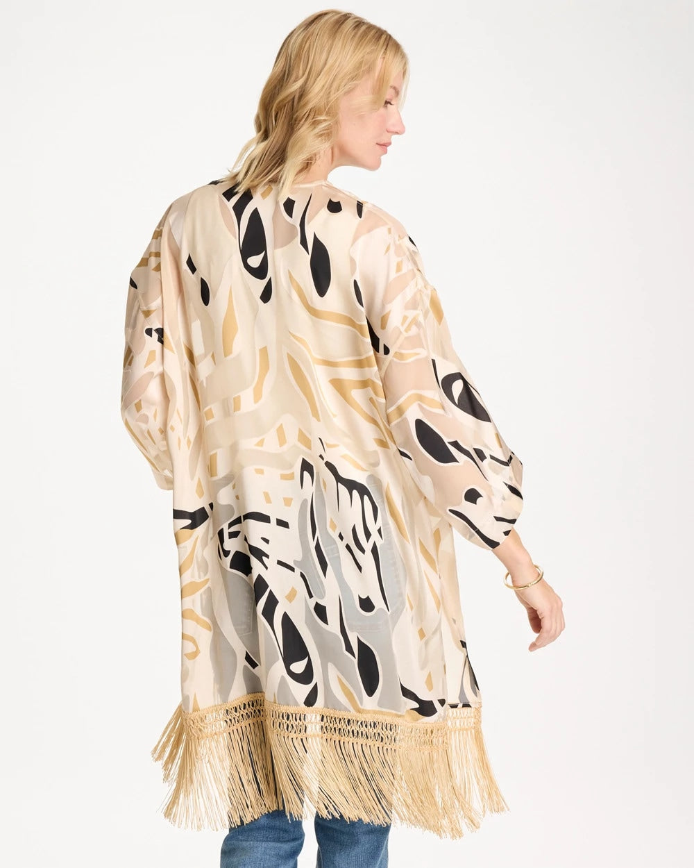Chico's Woven Long Fringed Kimono Neutral