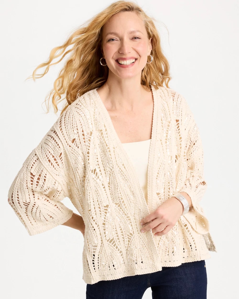 Chico's Cotton Crochet Kimono Neutral
