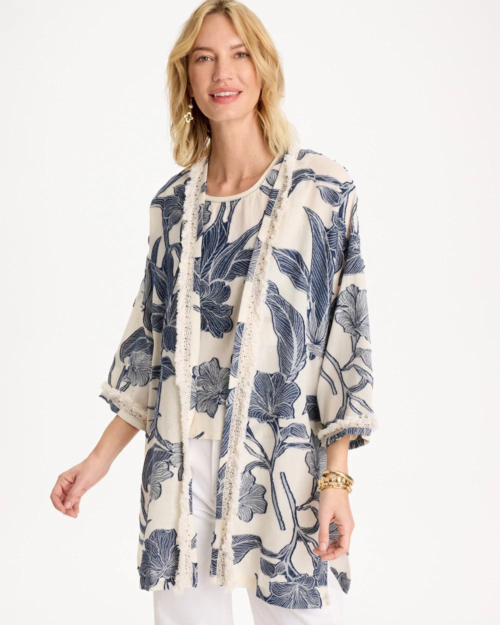 Chico's Cotton Jacquard Fringed Kimono Blue