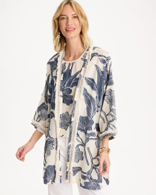 Chico's Cotton Jacquard Fringed Kimono Blue