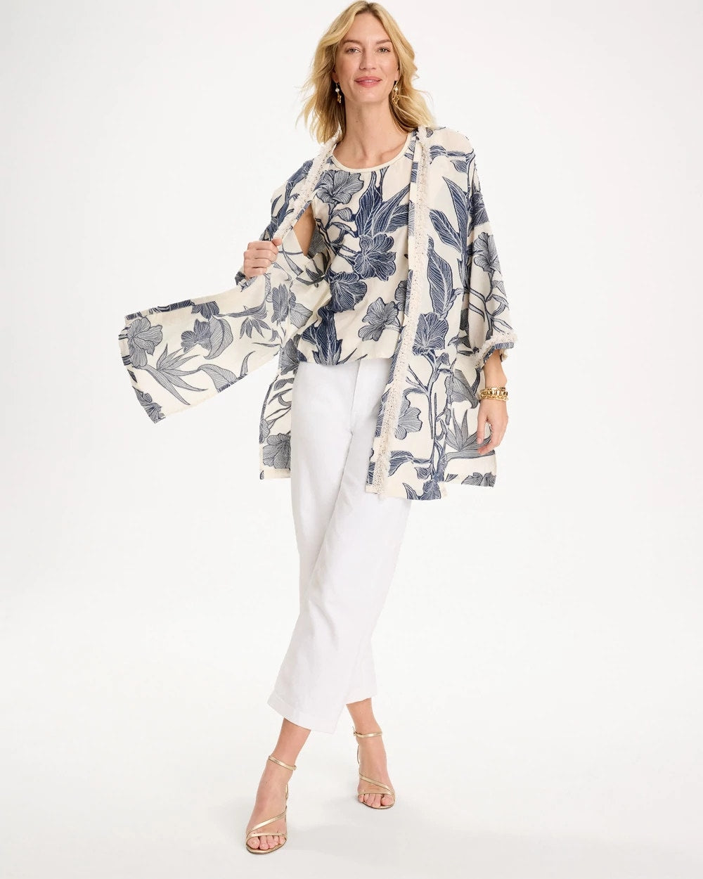 Chico's Cotton Jacquard Fringed Kimono Blue
