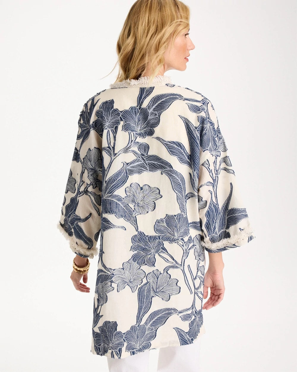 Chico's Cotton Jacquard Fringed Kimono Blue