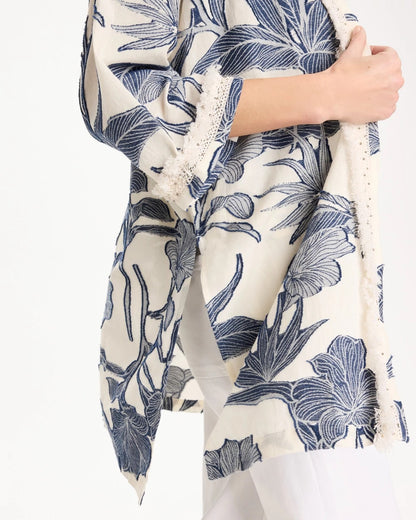 Chico's Cotton Jacquard Fringed Kimono Blue