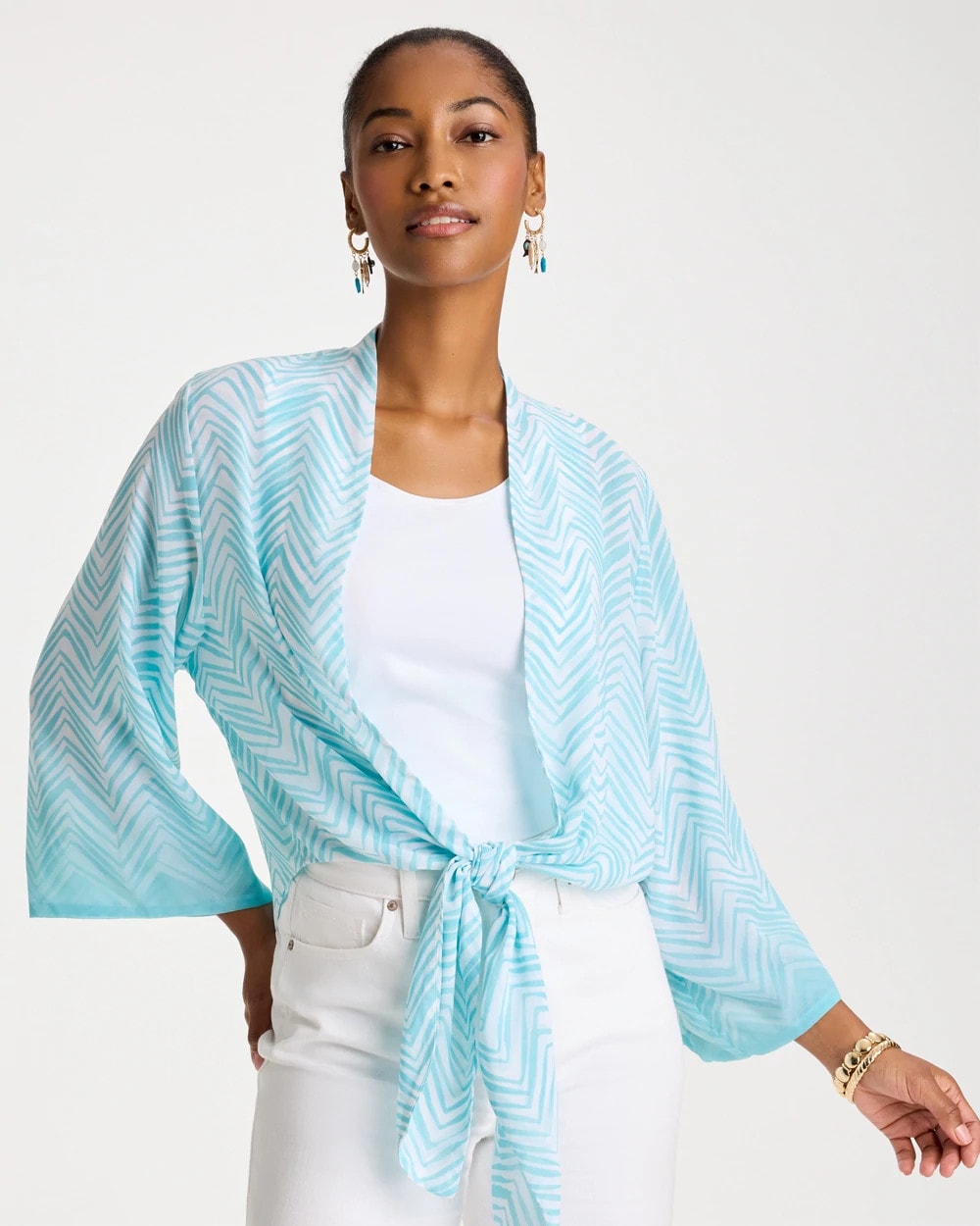 Chico's Georgette Tie-Front Chevron Kimono Bondi Blue