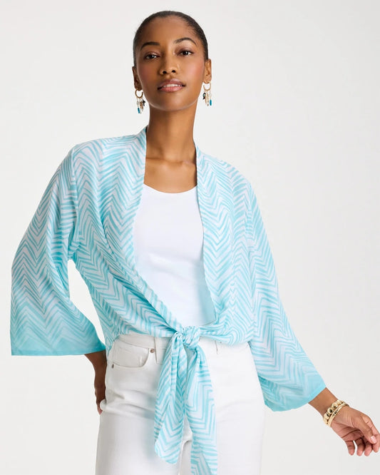 Chico's Georgette Tie-Front Chevron Kimono Bondi Blue