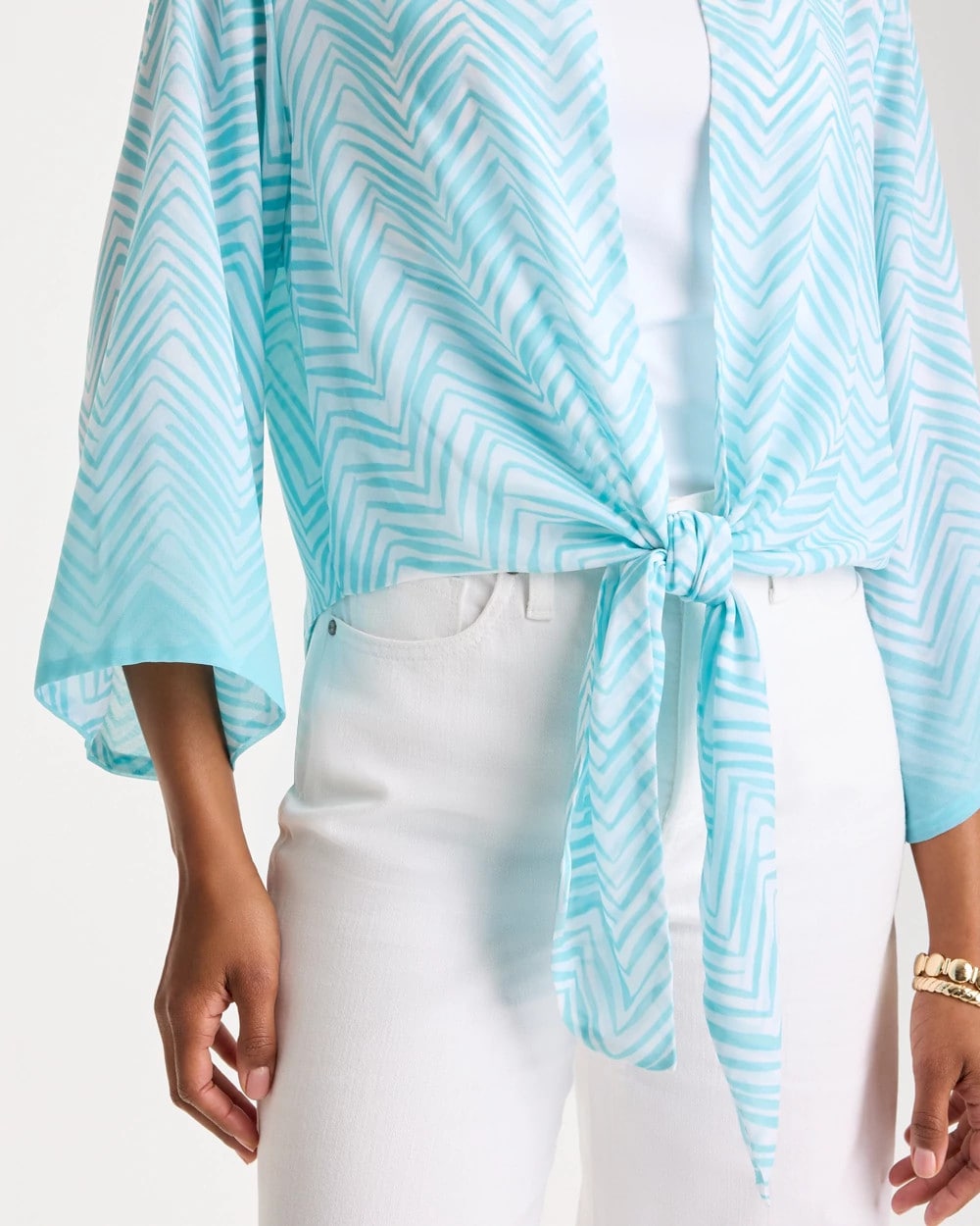 Chico's Georgette Tie-Front Chevron Kimono Bondi Blue