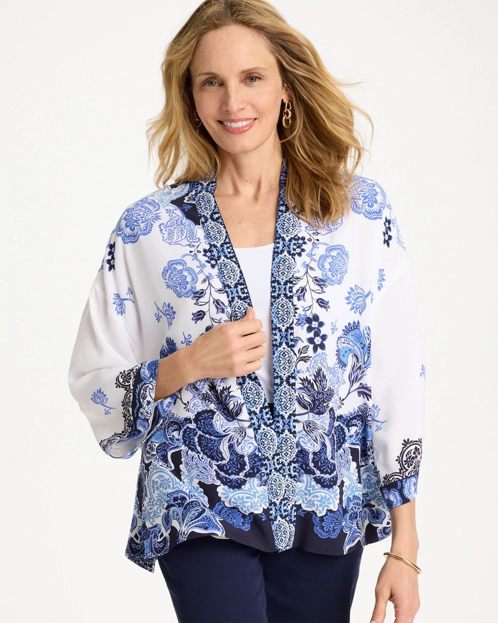 Chico's Woven Faux Silk Printed Kimono Alabaster