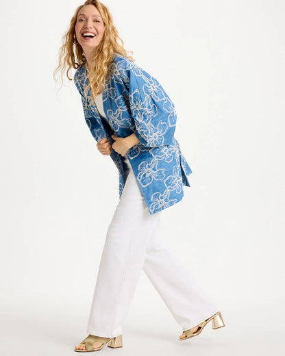 Chico's Woven Embroidered Belted Kimono Denim
