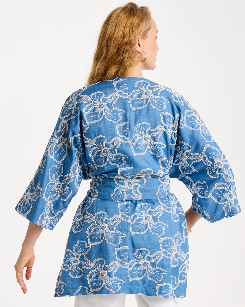 Chico's Woven Embroidered Belted Kimono Denim