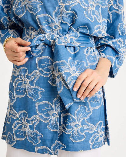 Chico's Woven Embroidered Belted Kimono Denim