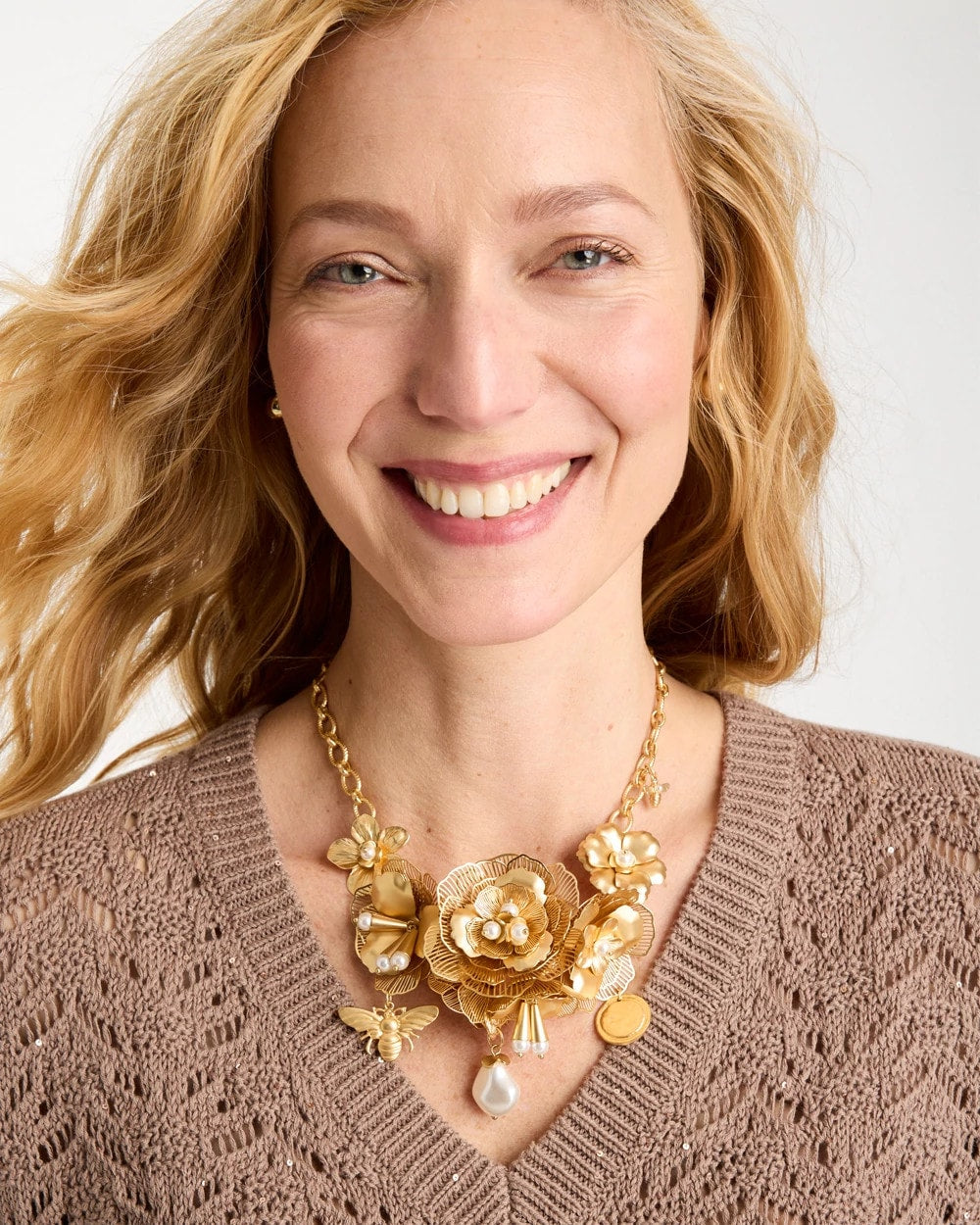 Chico's Chico’s Originals Filigree Flower Bib Necklace Gold