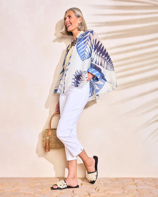 Chico's Palm Frond Short Poncho Passport Blue