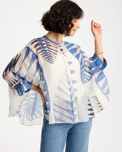 Chico's Palm Frond Short Poncho Passport Blue