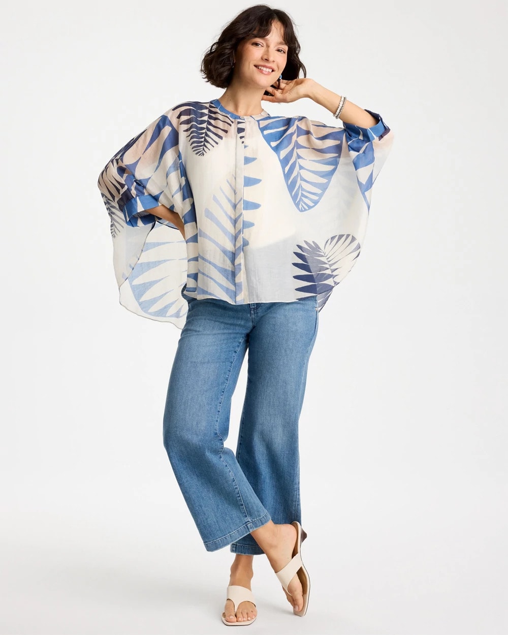 Chico's Palm Frond Short Poncho Passport Blue