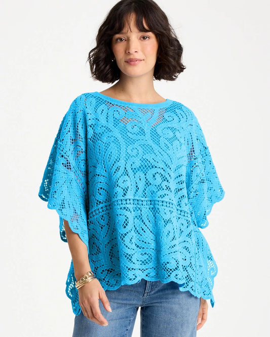 Chico's Cotton Crochet Lace Poncho Blue Tide