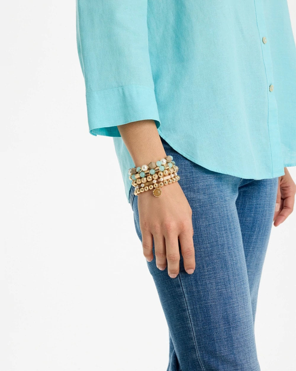 Chico's Aqua Stretch Set of Five Beaded Bracelets Aqua