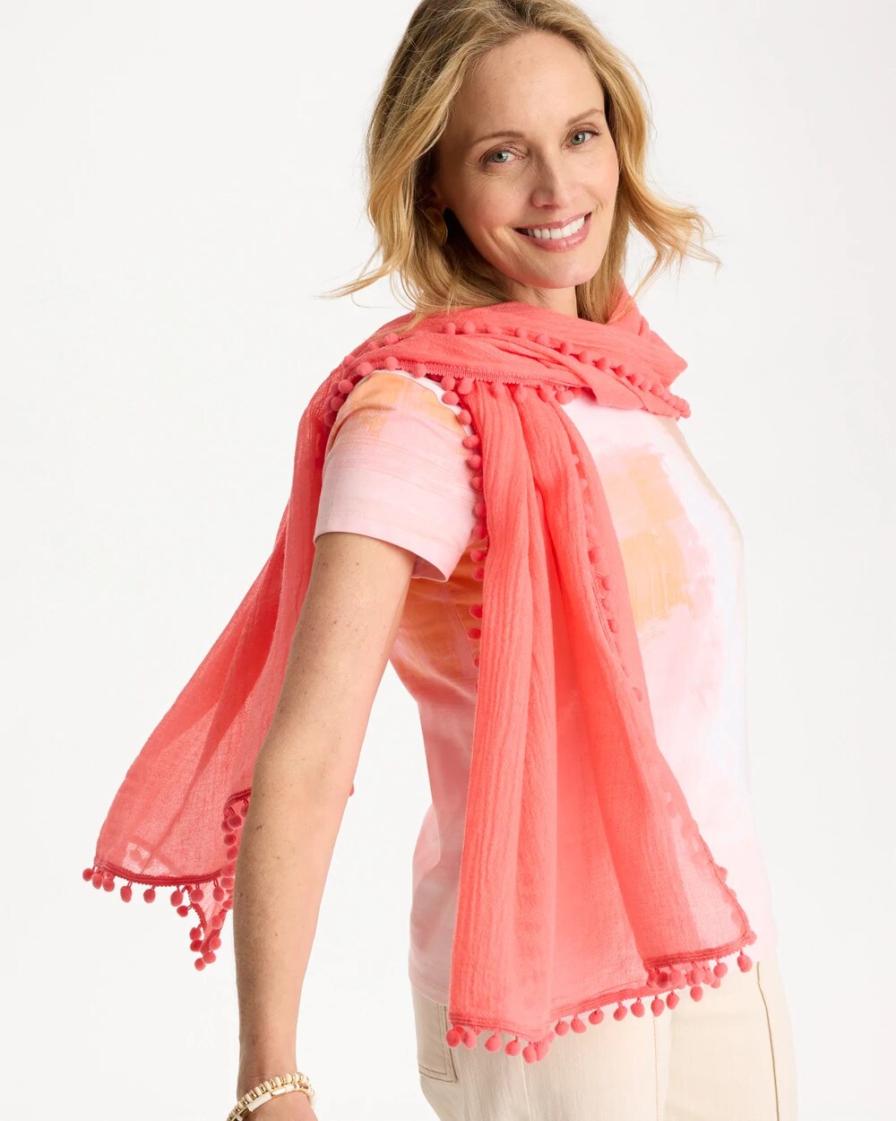 Chico's Pom Pom Oblong Scarf Calypso Coral