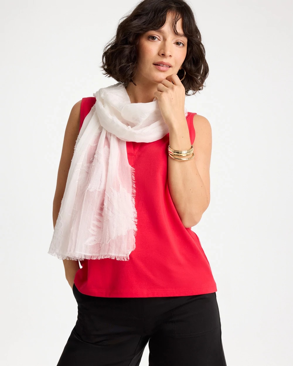 Chico's Textured Palms Oblong Scarf White