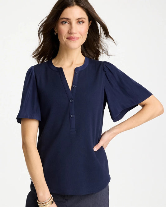 Chico's Rib Knit Woven Flutter Sleeve Tee Passport Blue
