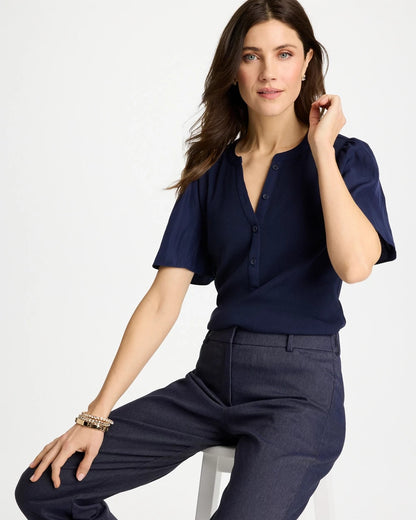 Chico's Rib Knit Woven Flutter Sleeve Tee Passport Blue