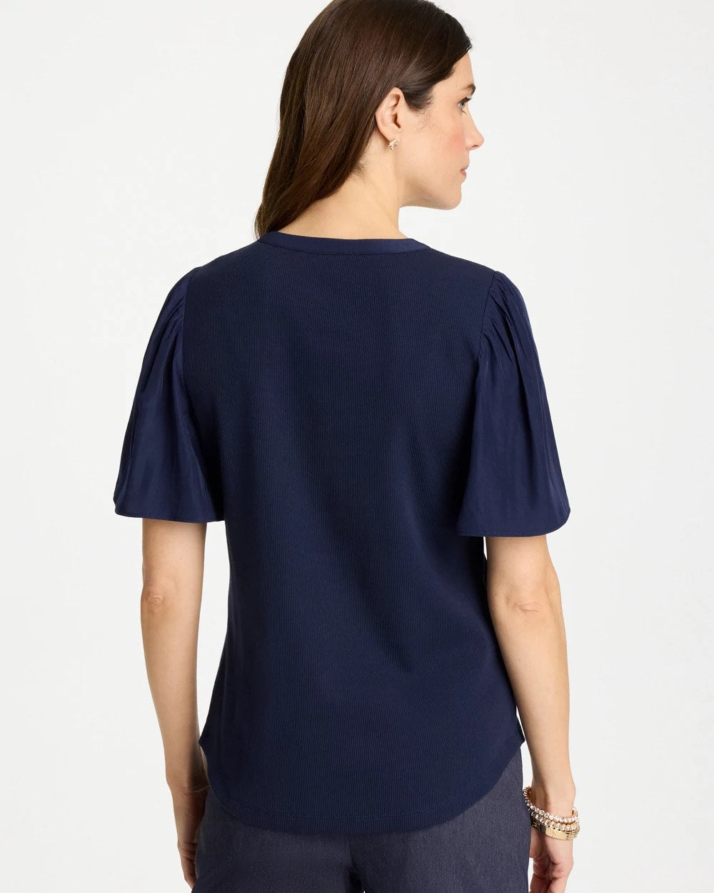 Chico's Rib Knit Woven Flutter Sleeve Tee Passport Blue
