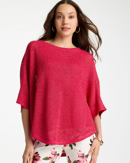 Chico's Sequin Boatneck Rounded Hem Poncho Hot Honeysuckle