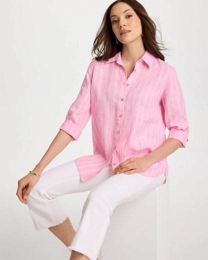 Chico's No Iron™ Linen Striped Shirt Pink Pansy