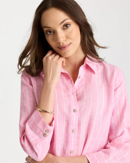 Chico's No Iron™ Linen Striped Shirt Pink Pansy
