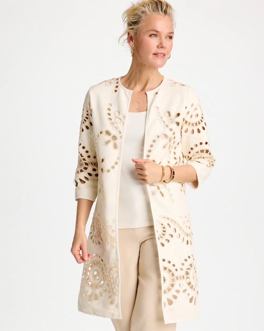 Chico's Long Faux Leather Kimono Ecru