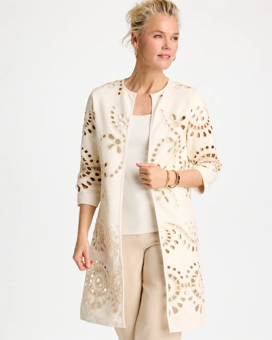 Chico's Long Faux Leather Kimono Ecru