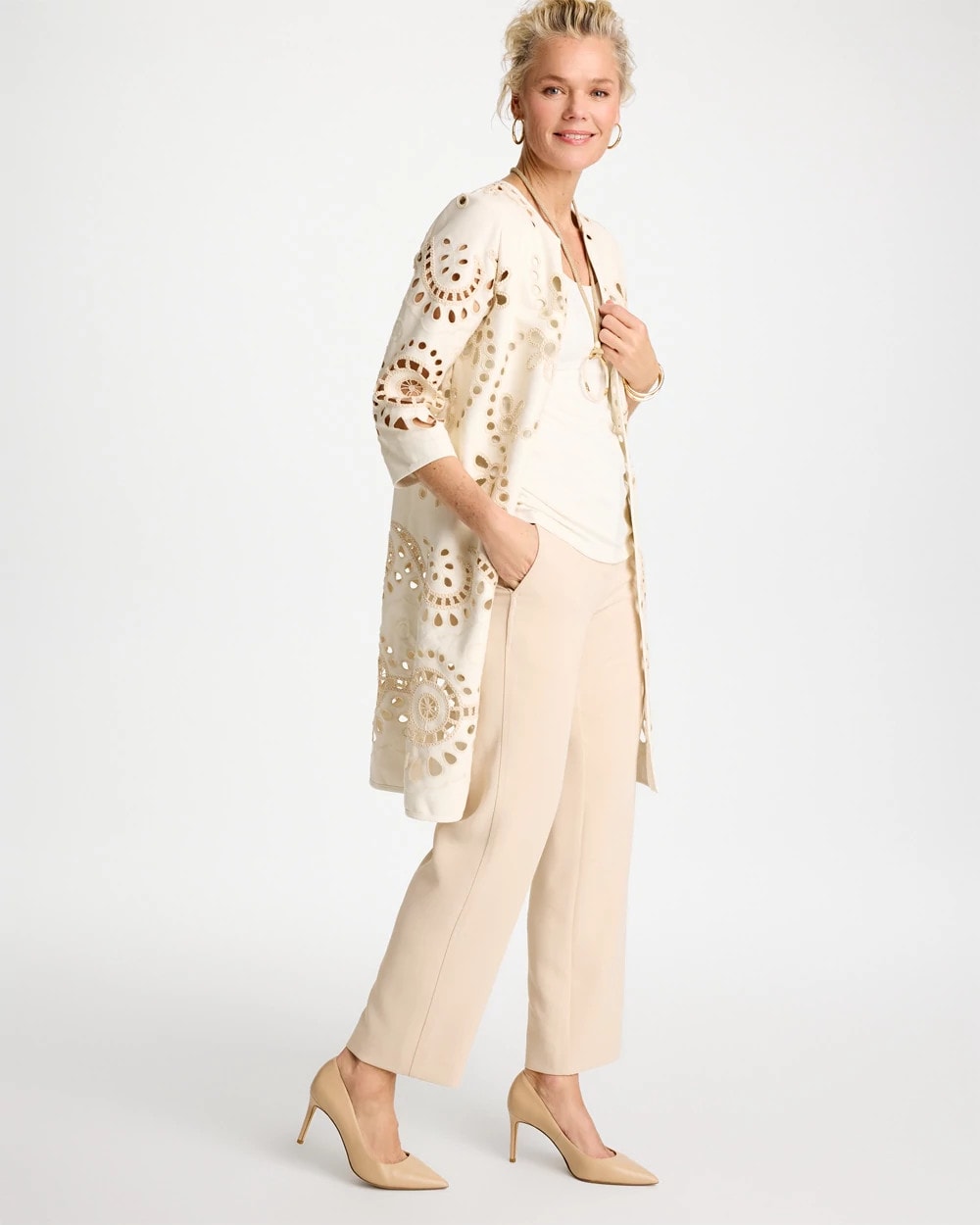 Chico's Long Faux Leather Kimono Ecru