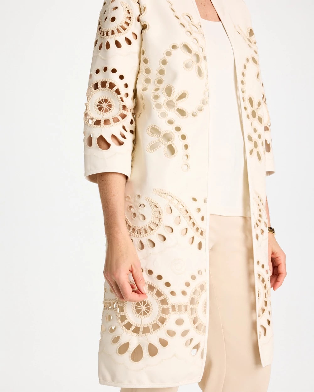 Chico's Long Faux Leather Kimono Ecru