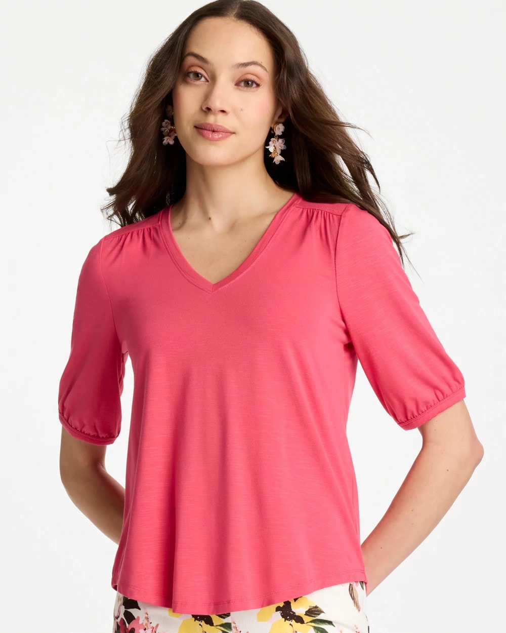 Chico's Shirred Elbow Sleeve Tee Hot Honeysuckle