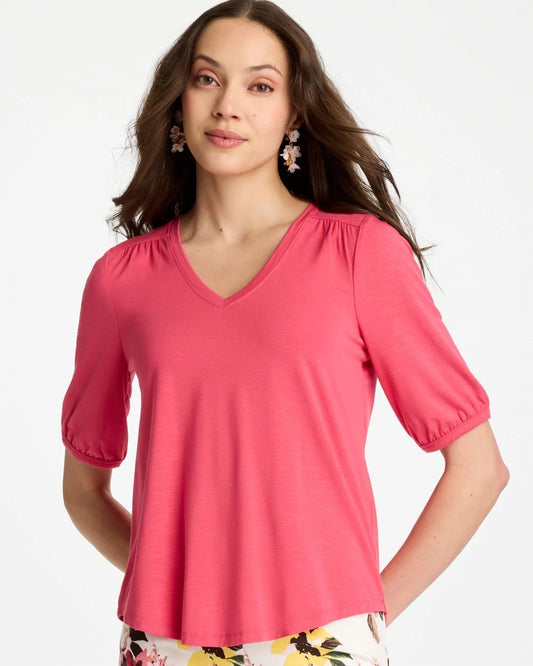 Chico's Shirred Elbow Sleeve Tee Hot Honeysuckle