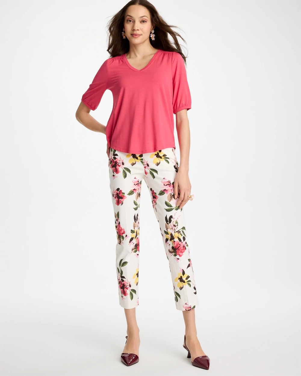 Chico's Shirred Elbow Sleeve Tee Hot Honeysuckle