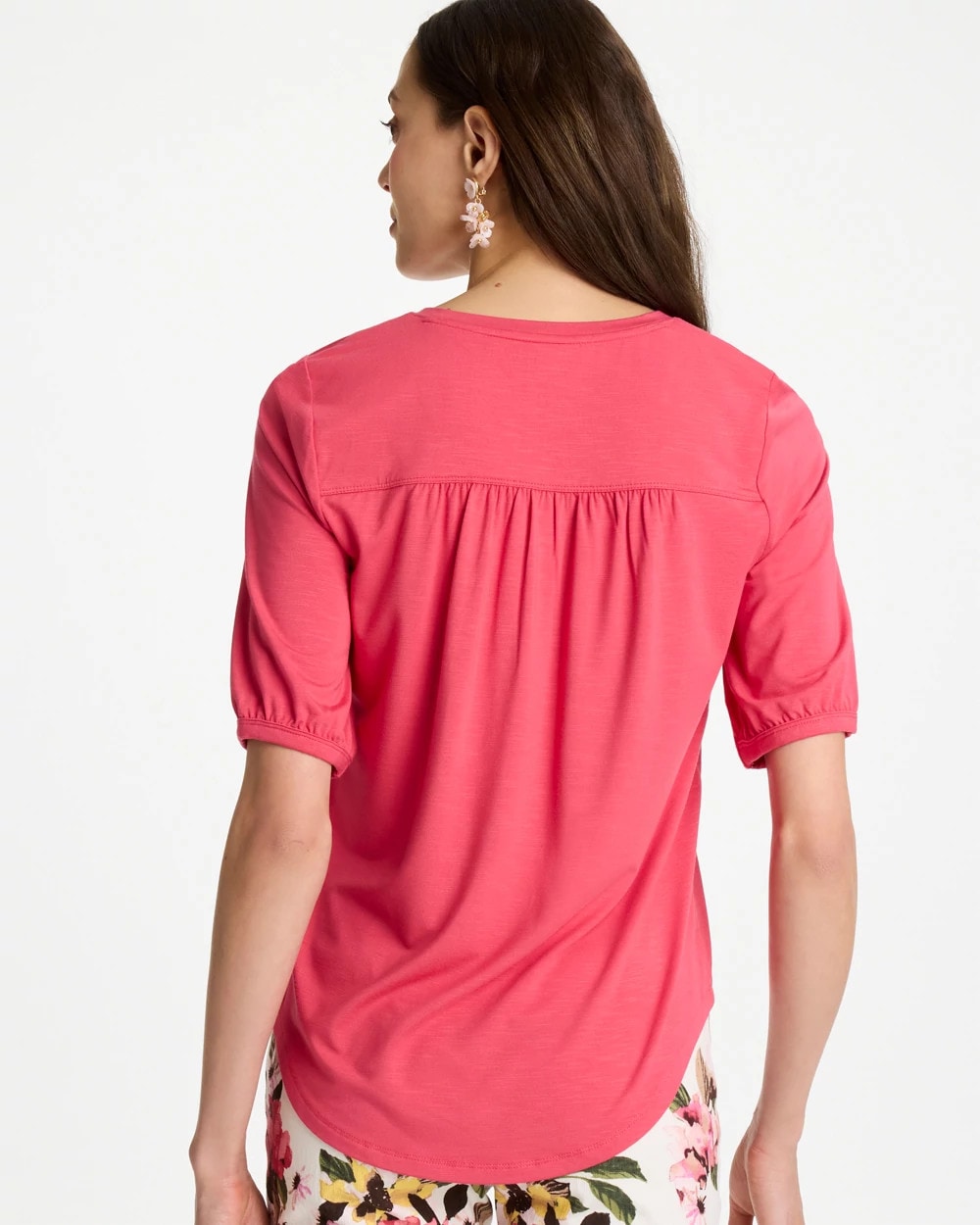 Chico's Shirred Elbow Sleeve Tee Hot Honeysuckle