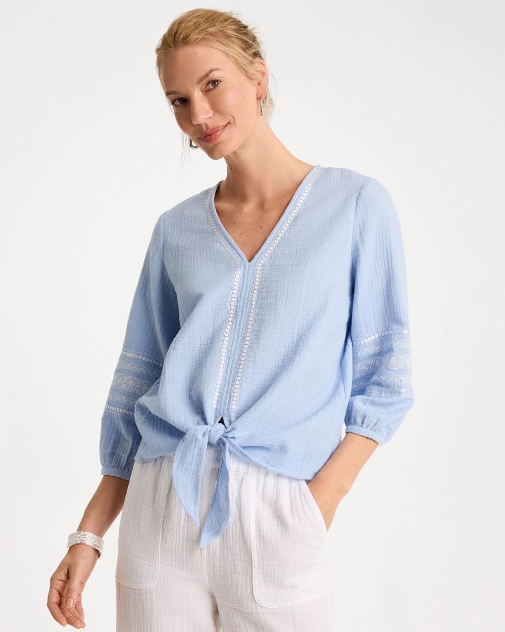 Chico's Cotton Gauze Tie-Front Blouse Blue Haven