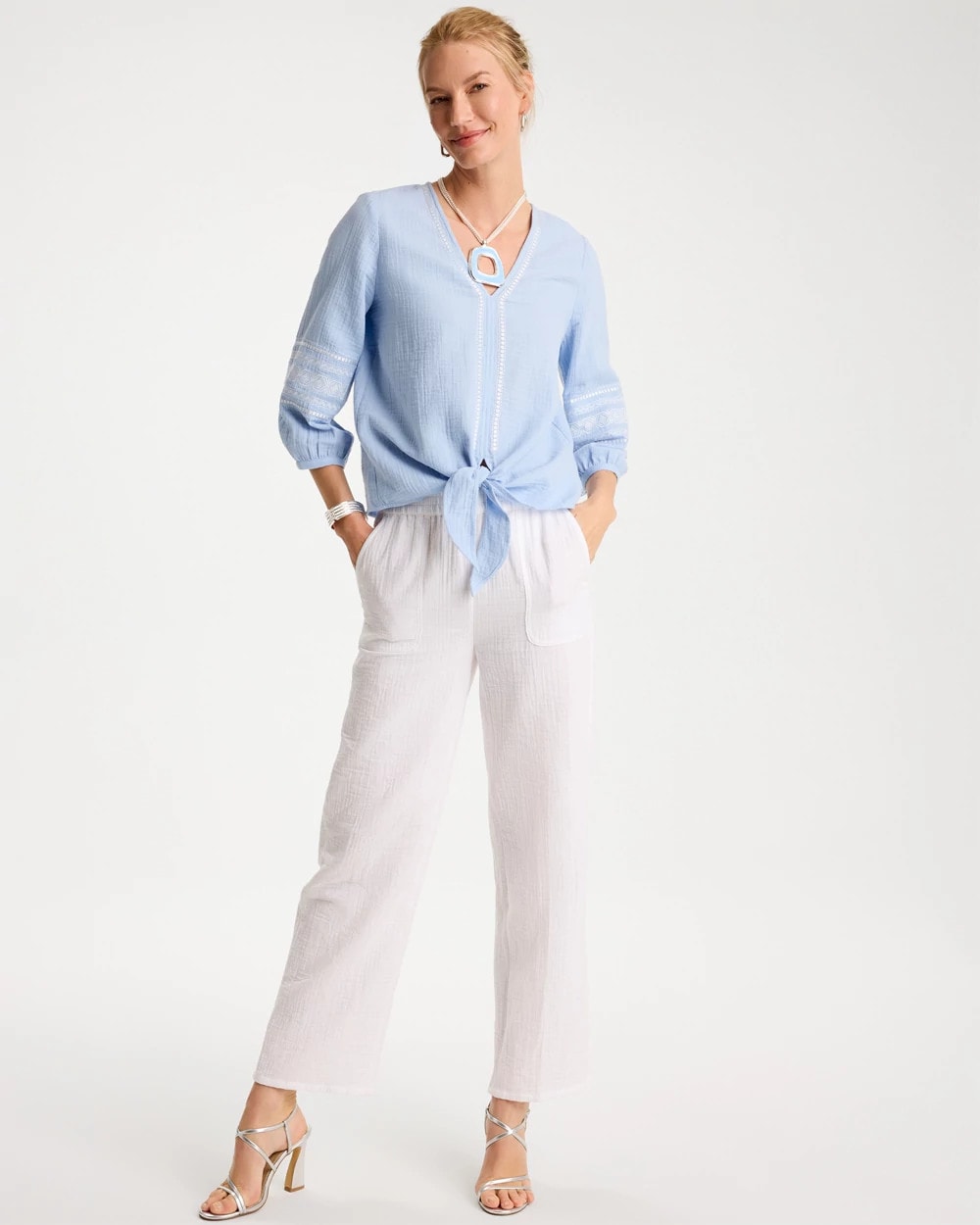 Chico's Cotton Gauze Tie-Front Blouse Blue Haven