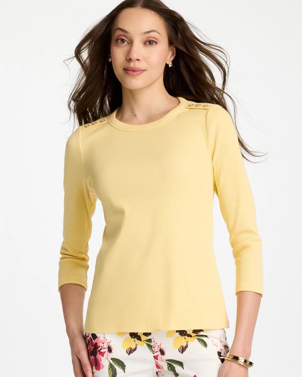 Chico's Ribbed Button Crewneck Tee Golden Haze