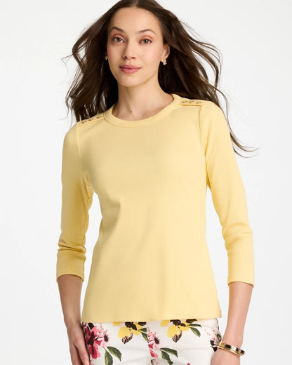Chico's Ribbed Button Crewneck Tee Golden Haze