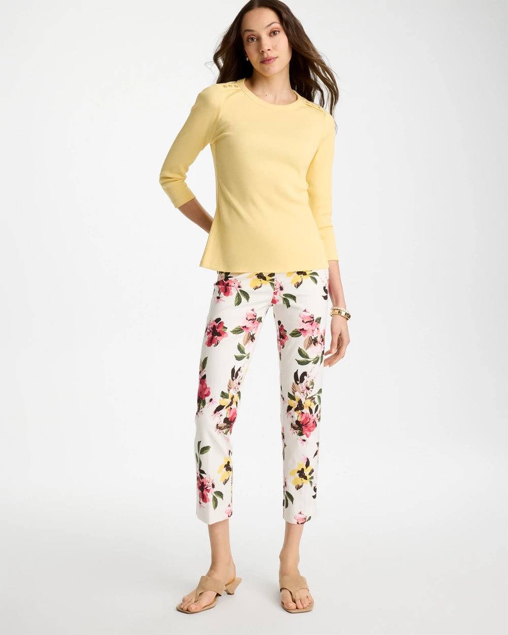 Chico's Ribbed Button Crewneck Tee Golden Haze