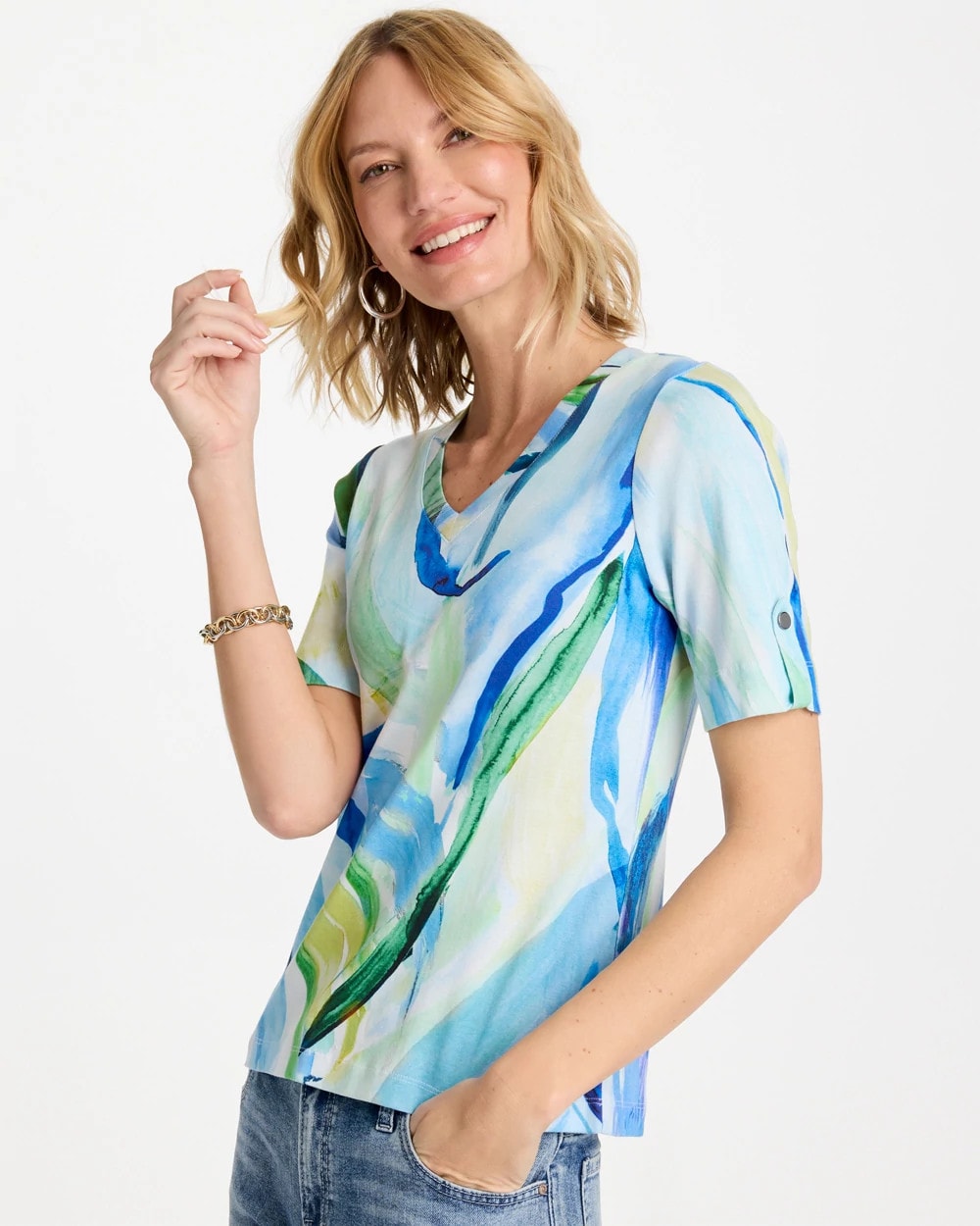 Chico's Printed Pima V-Neck Tee Amparo Blue
