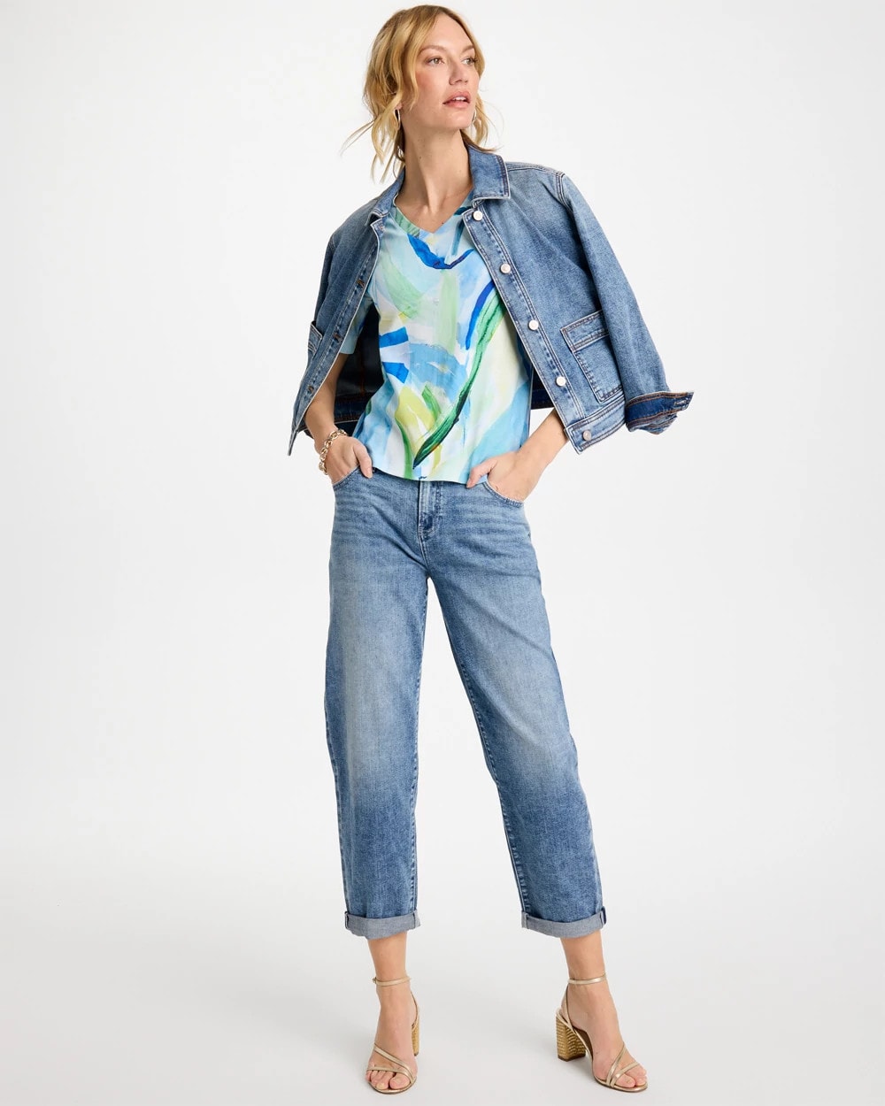 Chico's Printed Pima V-Neck Tee Amparo Blue