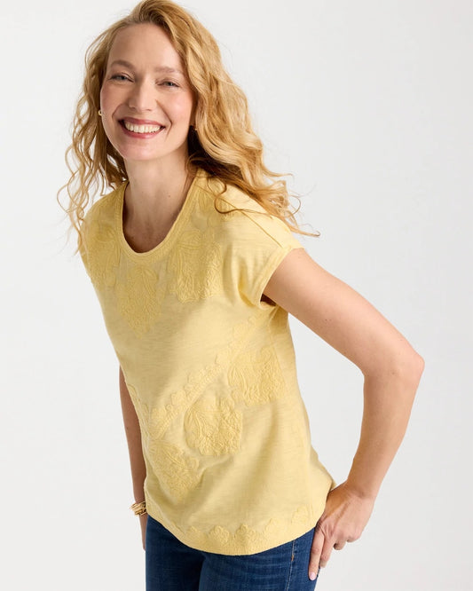 Chico's Monochrome Embroidered Cap-Sleeve Tee Golden Haze