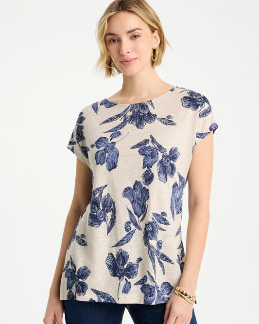 Chico's Floral Linen Dolman Tee River Rock