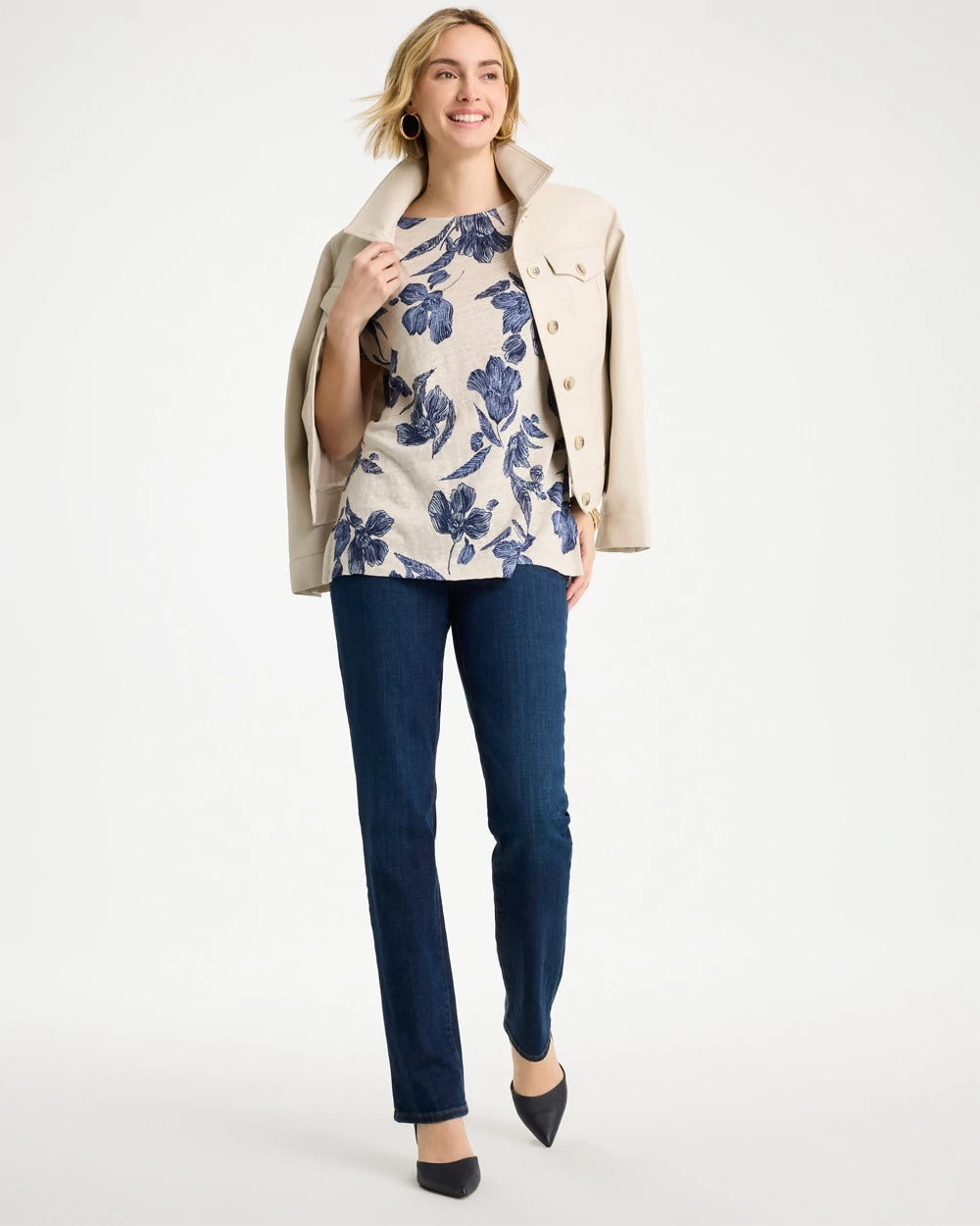 Chico's Floral Linen Dolman Tee River Rock