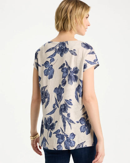 Chico's Floral Linen Dolman Tee River Rock