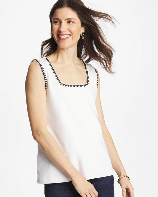 Chico's Blanket Stitch Contour Cotton™ Square Neck Tank Alabaster