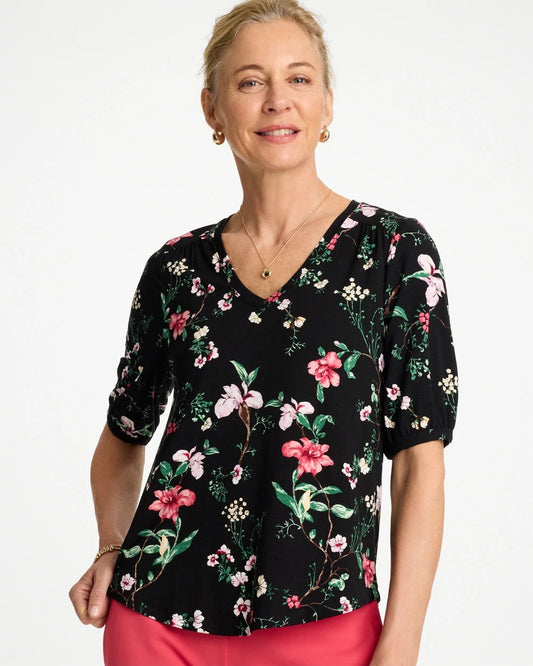 Chico's Kyoto Shirred Elbow Sleeve Tee Black