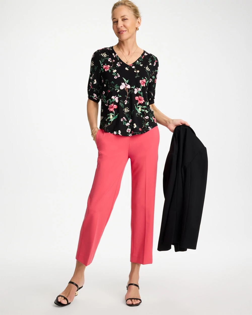 Chico's Kyoto Shirred Elbow Sleeve Tee Black